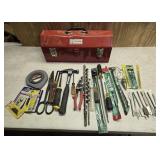 Klein toolbox with contents, bits, hammer, tape
