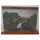 Very folksy oil painting on canvas stretched over