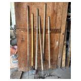 Yard Tools (6) Hay Forks, Scraper & Hoe