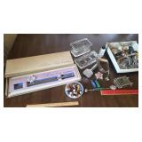 Box utensils, marbles, glass salt jar, etc... the
