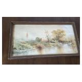 J. R. Taylor watercolor barn by a creek