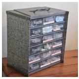 MCM tin drawer bin full of mostly sewing -