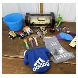 Cars, bucket, dinosaur, Finding Nemo figures, Pez