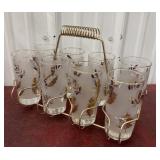 MCM glass caddy and 6 Libbey "Golden Foliage"