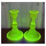 2 Glow Vaseline glass candle sticks