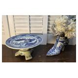 Blue & white china boot & Pagoda compote