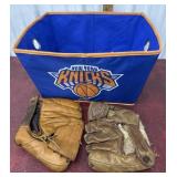 2 vintage baseball gloves and Knicks collapsible