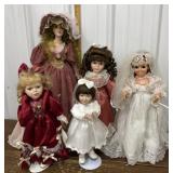 Dolls w/ stands- most porcelain *bride missing