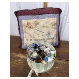 Vintage cross stitch pillow, box of thread