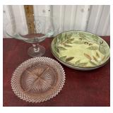 Pedestal dish, pink depression, and