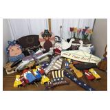Painted wood signs, flowers, stool, garden stakes