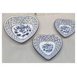 3 Blue And White Heart Dishes