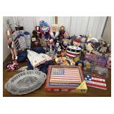 Patriotic dolls, stuffed animals, lights, clock,