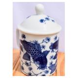 Vintage Blue & White Porcelain Lidded Koi Design