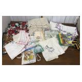 Tablecloth, doilies, pot holders, cookie cutters-