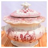 Antique Red Transferware Lidded sugar. Some wear
