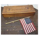 Beautiful heavily carved dovetailed box & flag