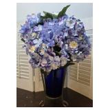 Cobalt Blue vase with silk hydrangeas in wrought