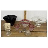 Cake pedestal, black glass bowl, goblet etcï¿½