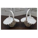 Pair white Fenton hobnail glass baskets