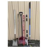 6 Lawn & Garden Tools- shovels, rake, push broom,
