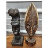 2 African wooden hand carved busts