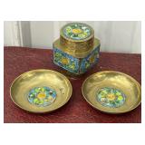 Enamel on brass lidded jar and trinket dishes