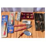 Small tote of Vintage Fishing Lures, etc.