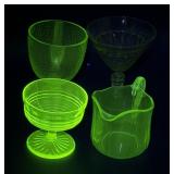 Uranium glass- creamer, stemware, dessert dish