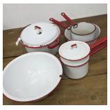 Red and white enamelware pots, bowl -