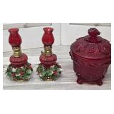 2 Christmas Hong Kong oil lamps & candy dish