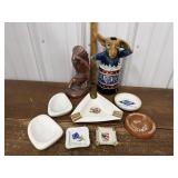 Indian sculpture, decanter, ashtrays etc
