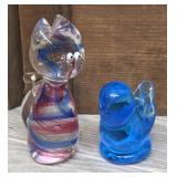 2 art glass paperweights - Cat & bird