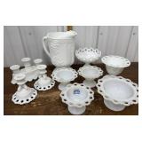 Milk glass pitcher, pedestal bowls, candle sticks