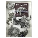 Pewter cat brooches, necklace, trinket boxes with