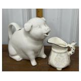 Pig pitcher, iridescent creamer w/ cat handle