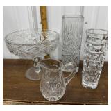 Glass pedestal dish, vases, pitcher