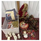 Christmas bear, garland, nativity figures, angel