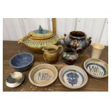 Pottery soup tureen, bowls, pitchers, ashtray etc