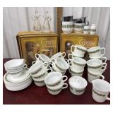 Pyrex, Corning mugs, tea cups, cream and sugar,