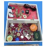 Vintage white jewelry box with contents