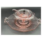 Pink depression glass tray and pedestal