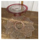 Pink glass plate, thumbprint pedestal cake stand