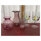 Art glass 2 goblets and 3 vases