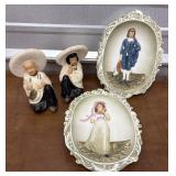 Asian Figures w/2 Hand painted wall plaques