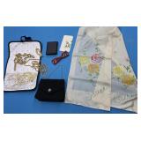 Vintage purse, jewelry, hand-painted scarf,