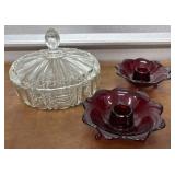 Covered Candy DISH w/2 depression red candle