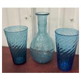 Art glass aqua tumblers and decanter/vase
