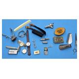 Vintage guy junk - watches, belt buckles, razors,