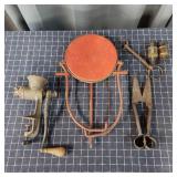 G2 6pc Antique tools: Meat grinder, Oilers, shears